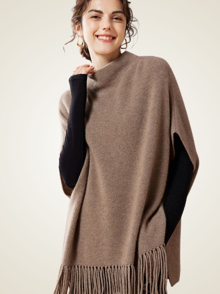 Lianne - Taupe Cashmere Poncho with Fringe | The Cashmere Studio