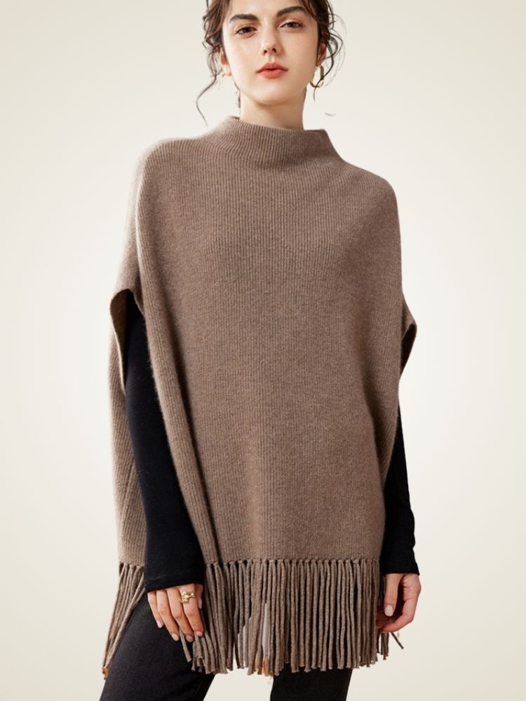 Lianne - Taupe Cashmere Poncho with Fringe | The Cashmere Studio