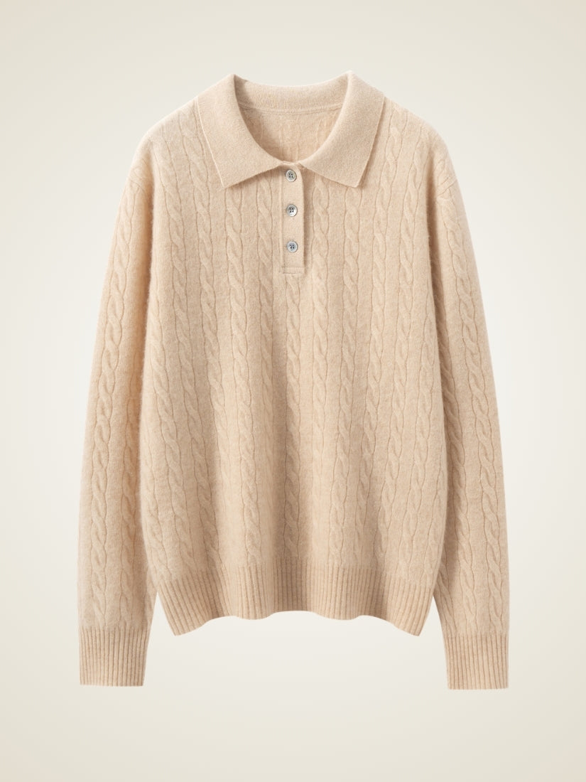 Terelith — Beige Cable-Knit Cashmere Polo Sweater | The Cashmere Studio
