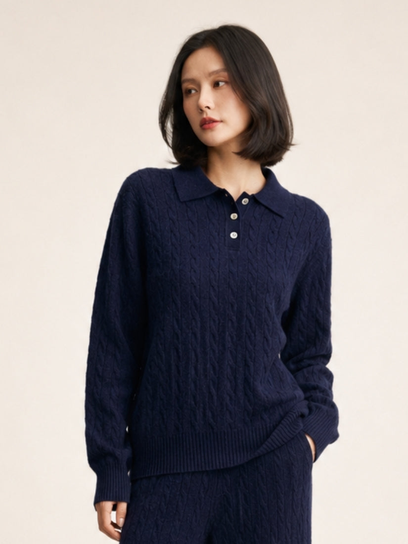 Terelith — Navy Cable-Knit Cashmere Polo Sweater | The Cashmere Studio