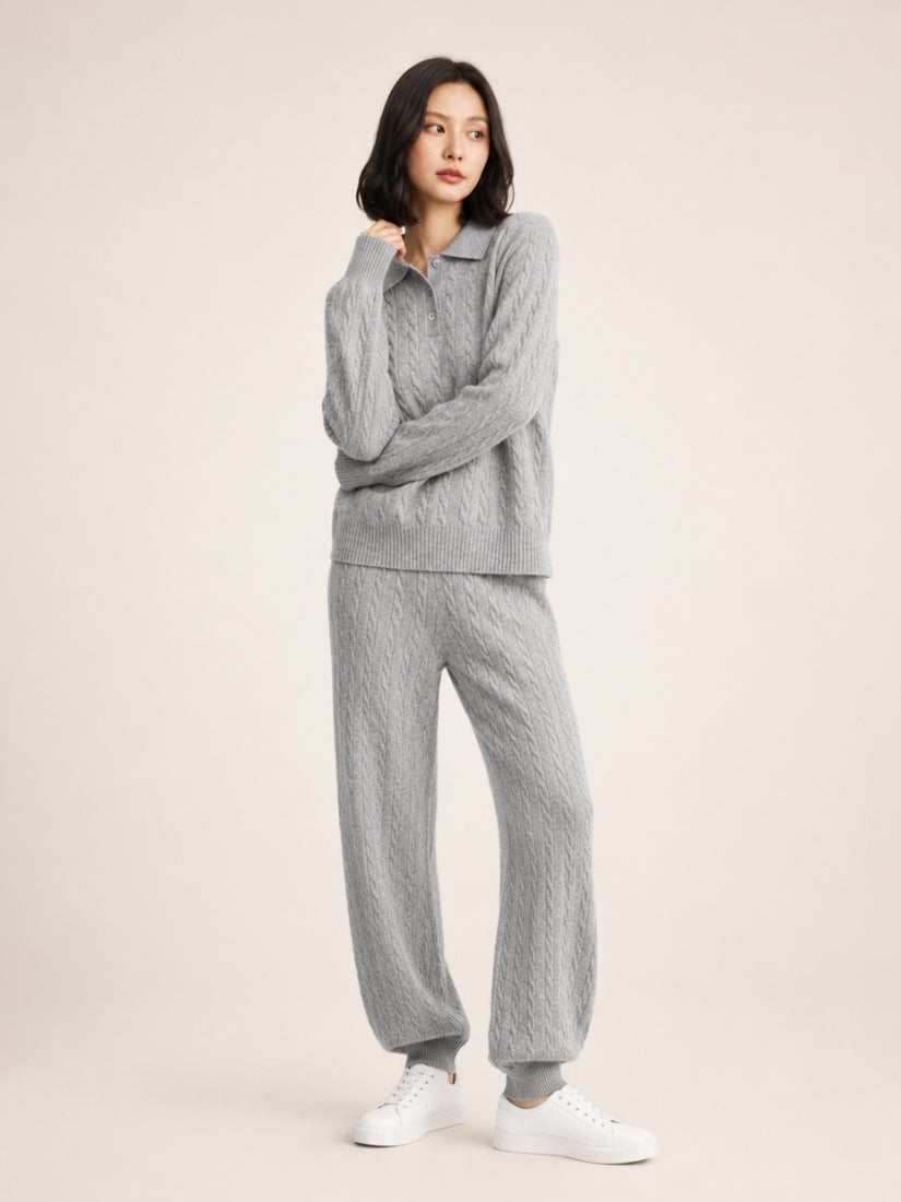 Terelith — Light Gray Cable-Knit Cashmere Polo & Tapered Pants Set | The Cashmere Studio