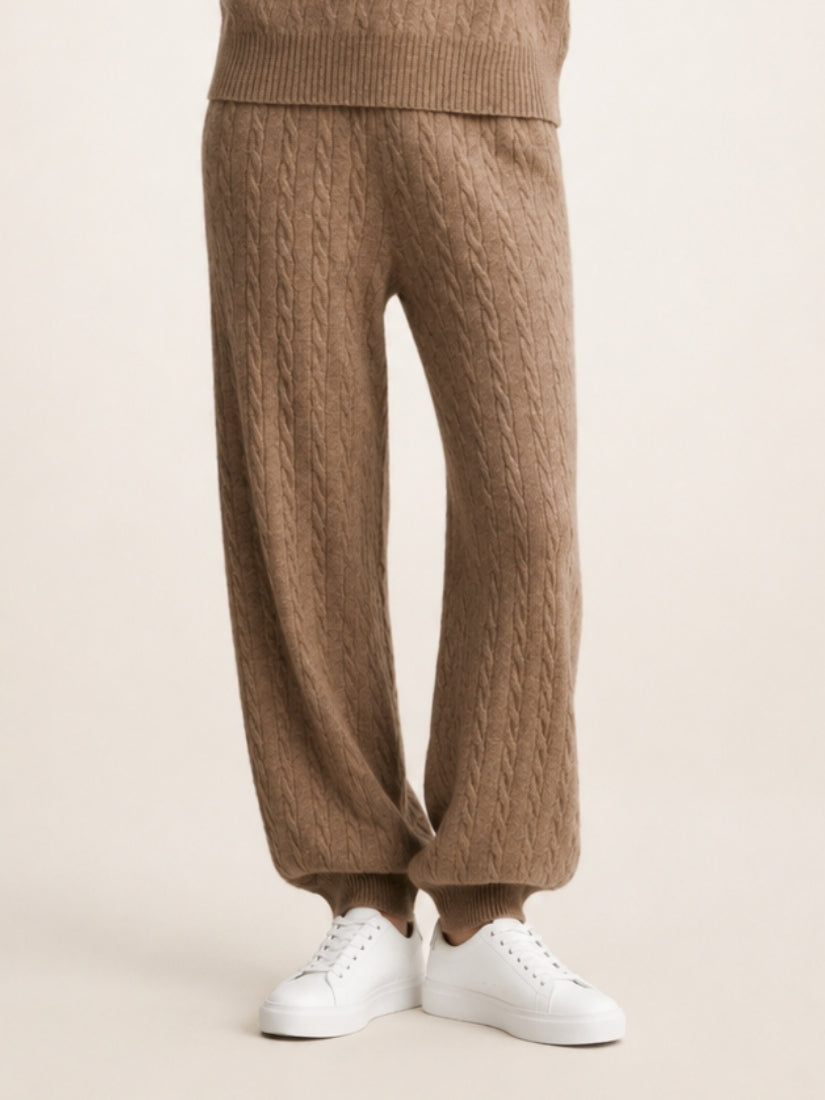 Terelith — Taupe Cable-Knit Cashmere Tapered Pants | The Cashmere Studio