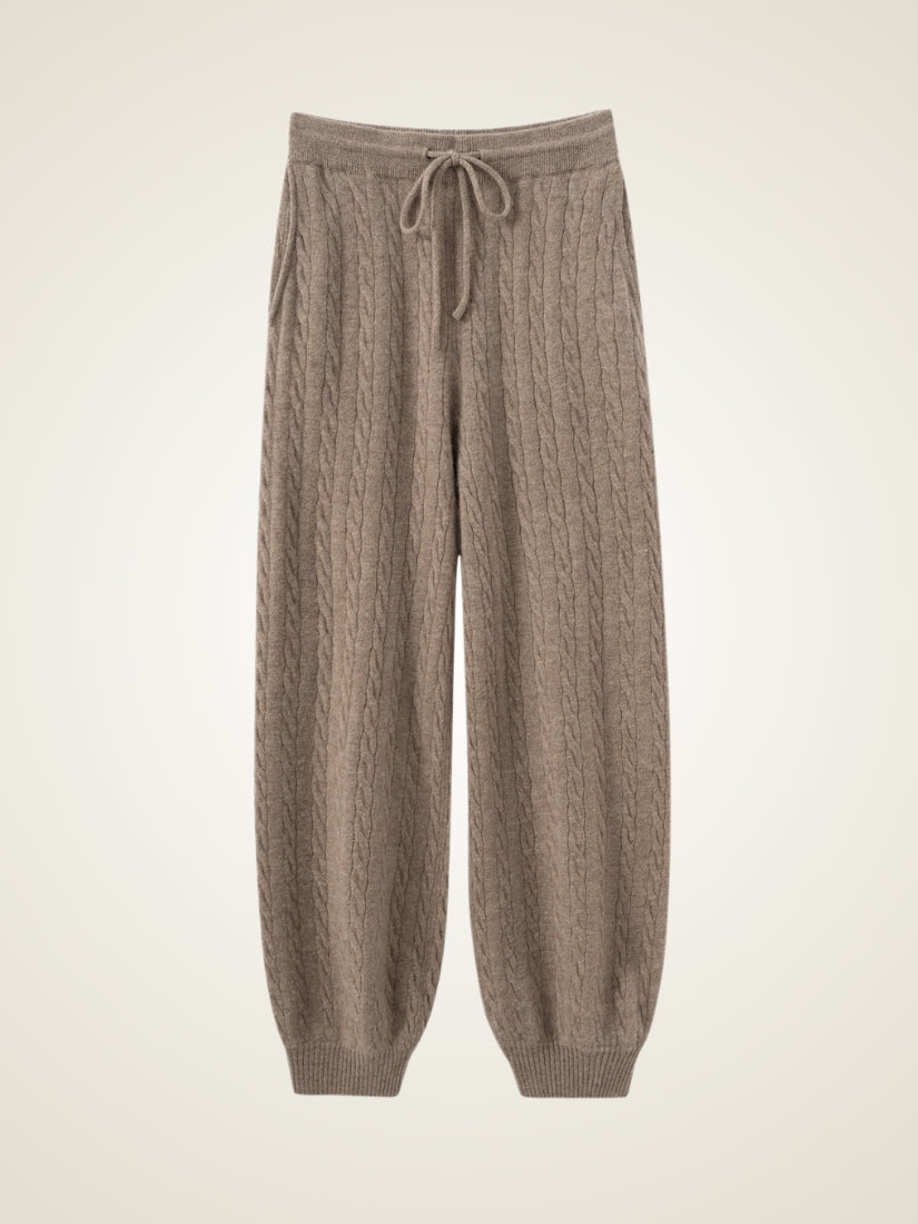 Terelith — Taupe Cable-Knit Cashmere Tapered Pants | The Cashmere Studio