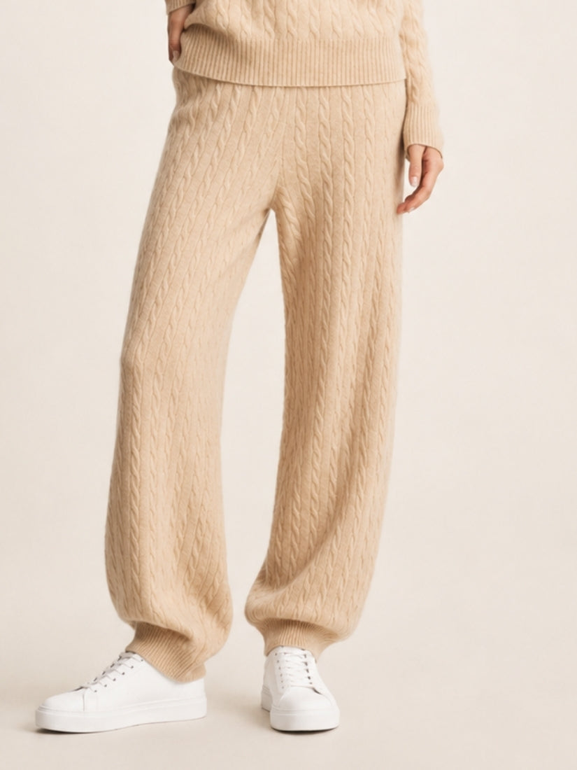 Terelith — Beige Cable-Knit Cashmere Tapered Pants | The Cashmere Studio
