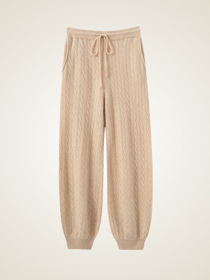 Terelith — Beige Cable-Knit Cashmere Tapered Pants | The Cashmere Studio