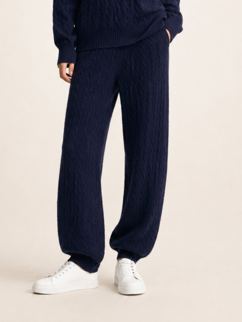 Terelith — Navy Cable-Knit Cashmere Tapered Pants | The Cashmere Studio