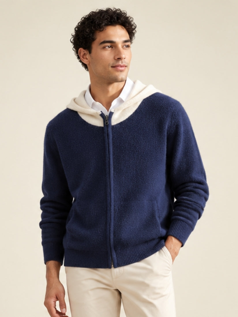 Thelian — Navy Contrast-Hood Zip Cashmere Cardigan | The Cashmere Studio
