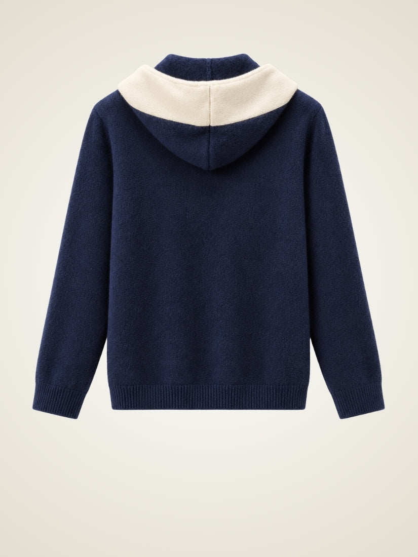 Thelian — Navy Contrast-Hood Zip Cashmere Cardigan | The Cashmere Studio