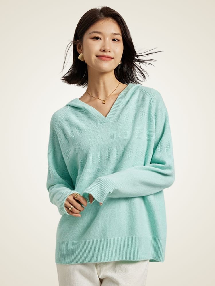 Zylia - Turquoise V-Neck Cashmere Hoodie | The Cashmere Studio