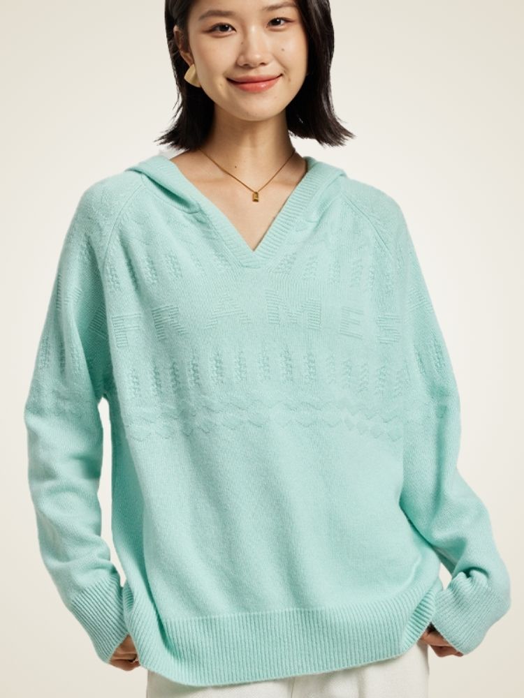 Zylia - Turquoise V-Neck Cashmere Hoodie | The Cashmere Studio