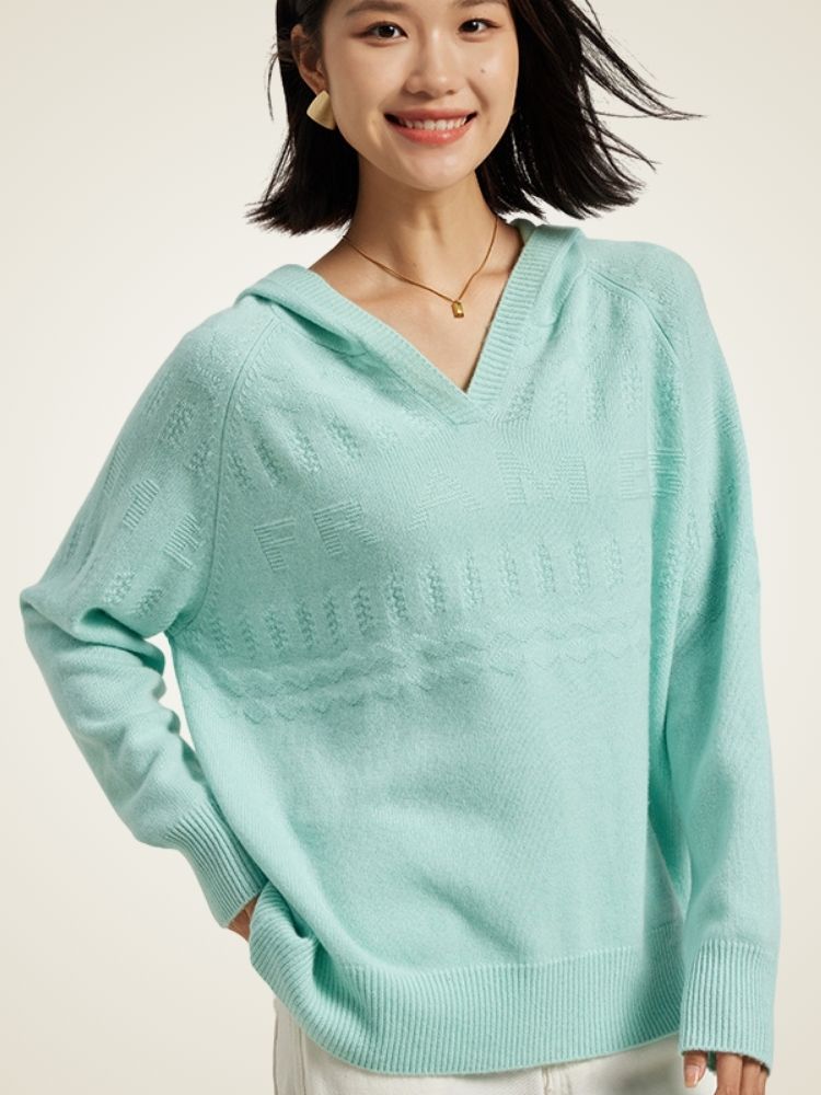 Zylia - Turquoise V-Neck Cashmere Hoodie | The Cashmere Studio