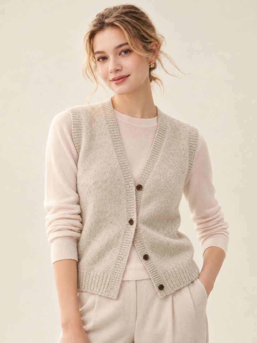 Venyra - Beige V-Neck Cashmere Vest | The Cashmere Studio