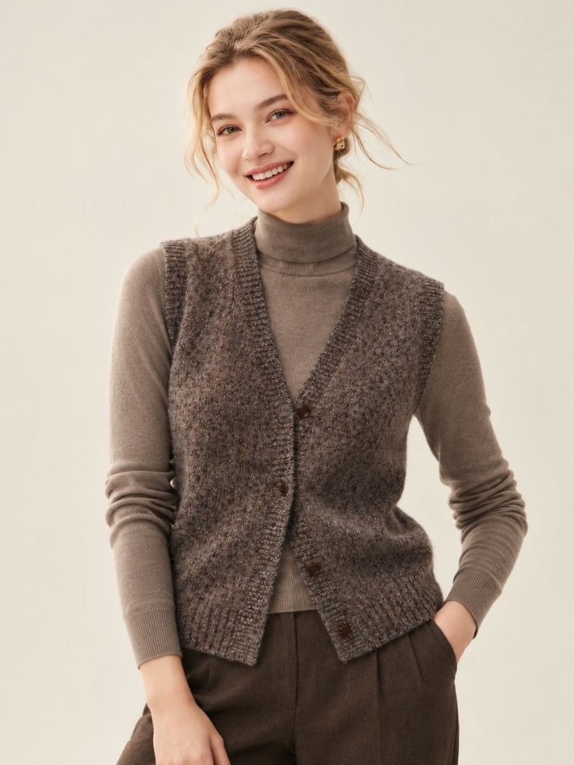 Venyra - Brown V-Neck Cashmere Vest | The Cashmere Studio
