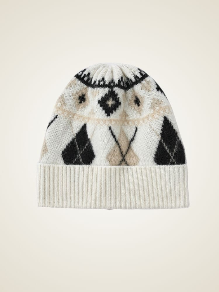 Janina - White Argyle Cashmere Beanie | The Cashmere Studio
