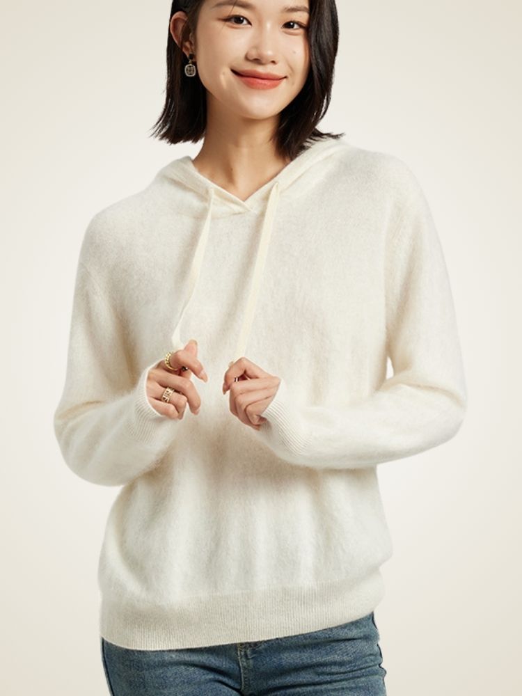Senia - White Brushed Cashmere Hoodie | The Cashmere Studio