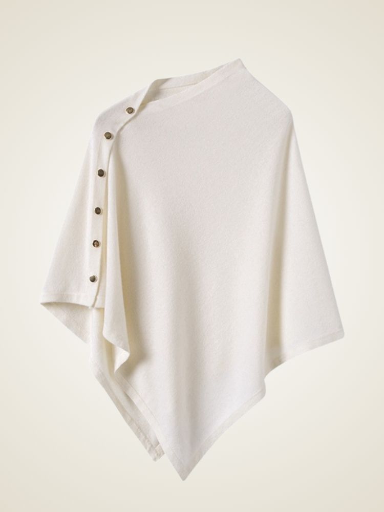 Asta - White Buttoned Cashmere Poncho | The Cashmere Studio