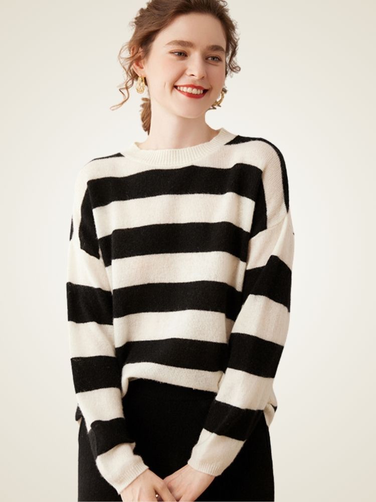 Olaria - White Striped Cashmere Crewneck | The Cashmere Studio