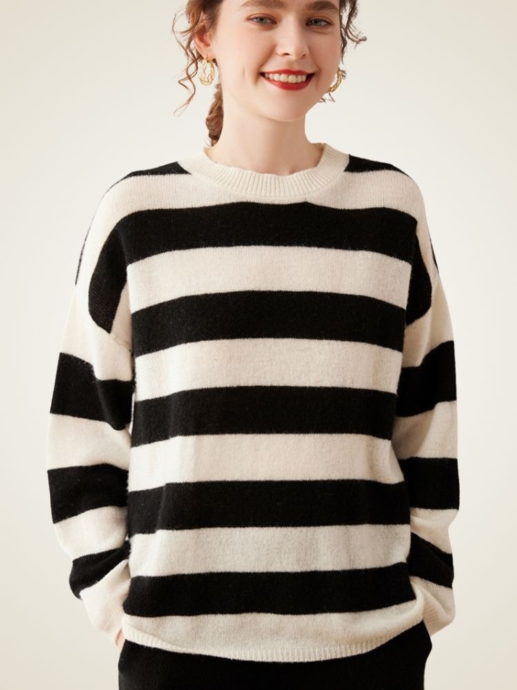 Olaria - White Striped Cashmere Crewneck | The Cashmere Studio