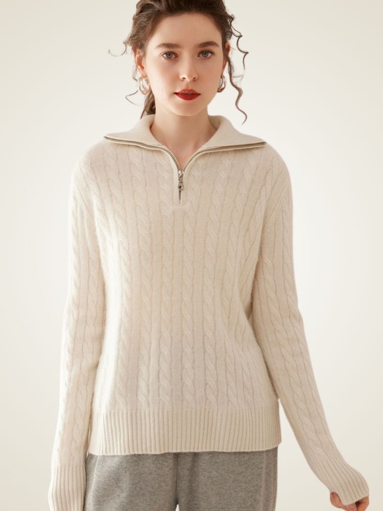 Milana - White Half-Zip Cashmere Sweater | The Cashmere Studio