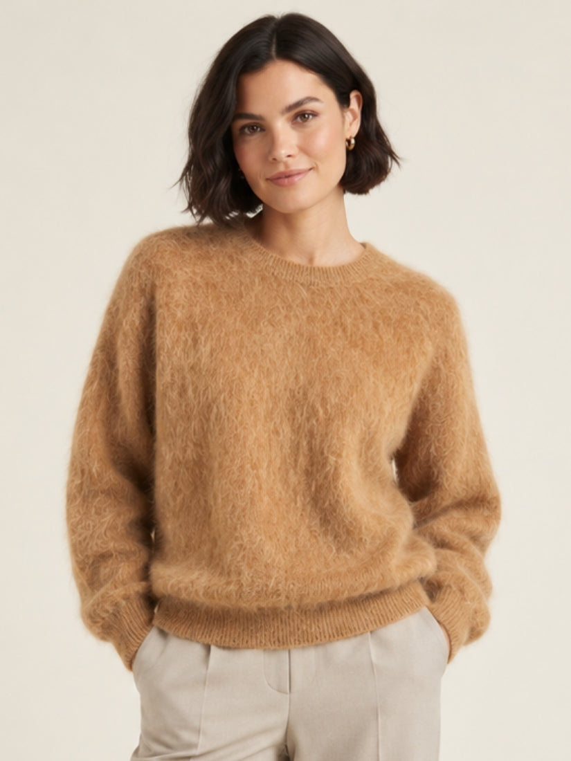 Zelira — Camel Brushed Crewneck Cashmere Sweater | The Cashmere Studio