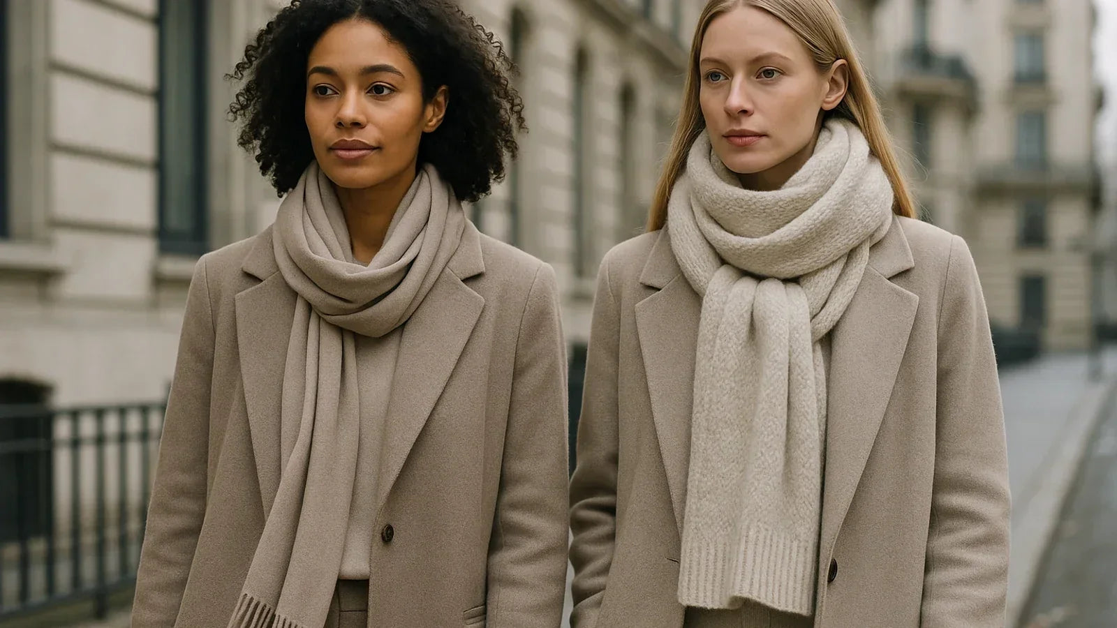 Cashmere scarf and wool scarf compared in an elegant winter setting