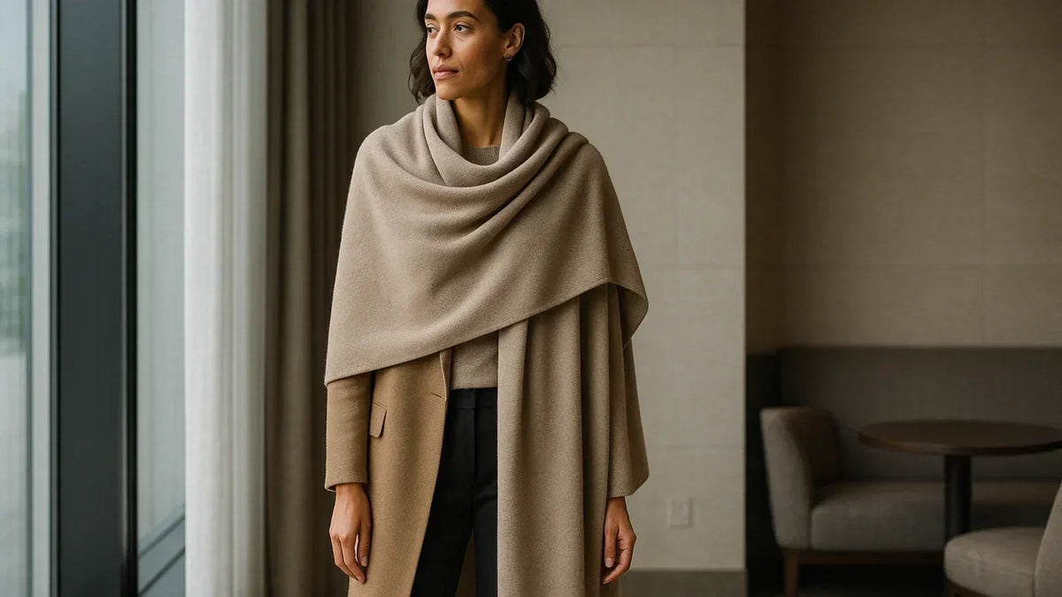 Woman wearing a generous neutral cashmere wrap across her shoulders