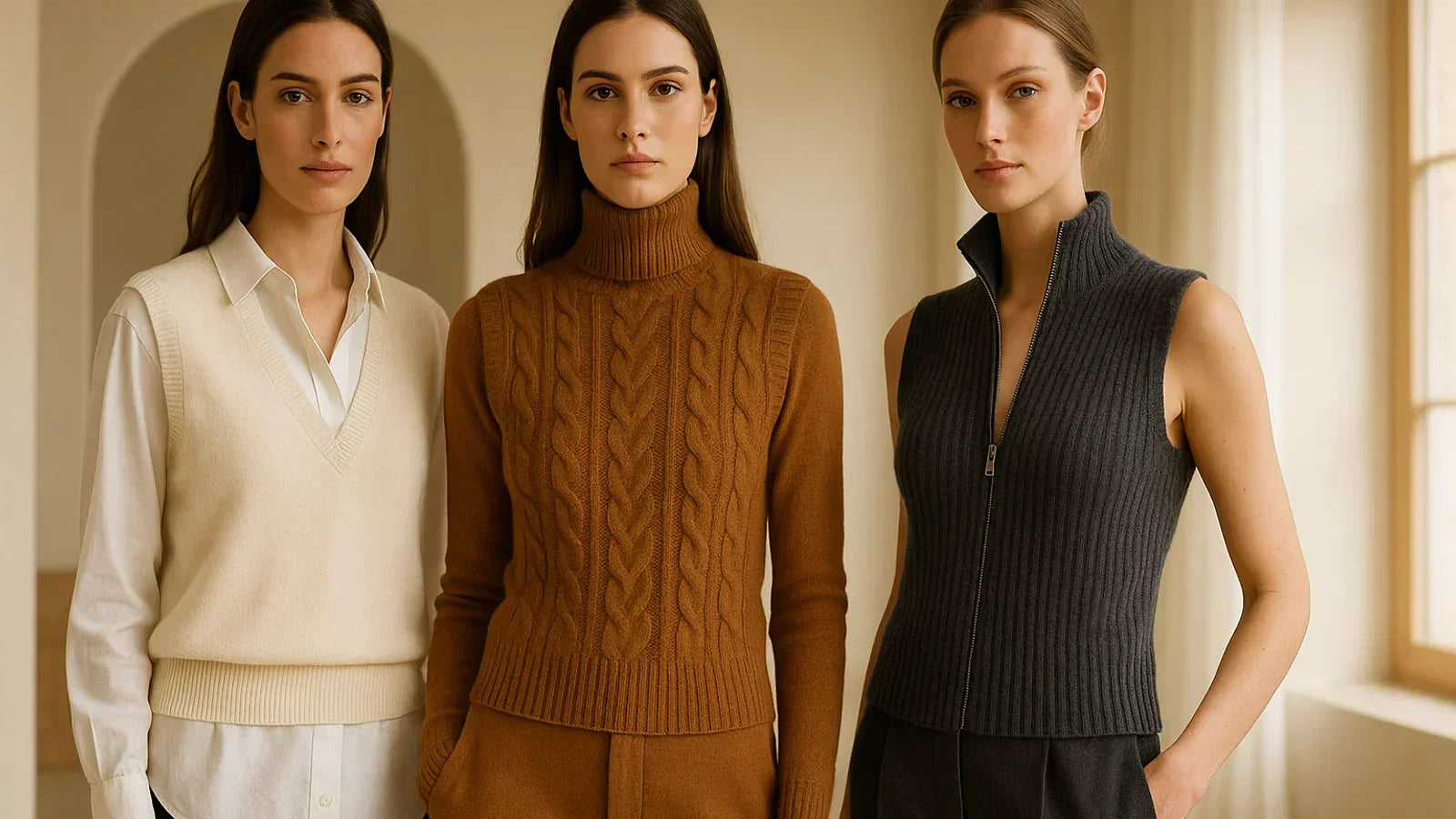 Three women wearing different cashmere vest styles in an editorial setting