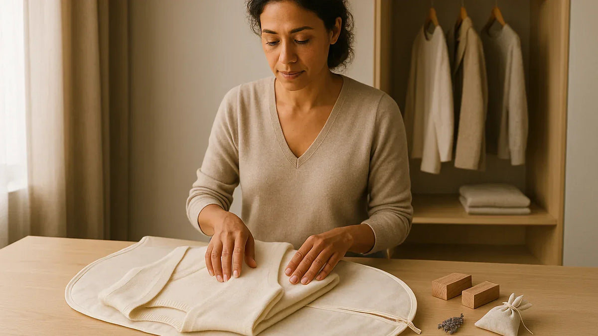 Woman folding a cashmere vest for storage with cedar and a breathable garment bag