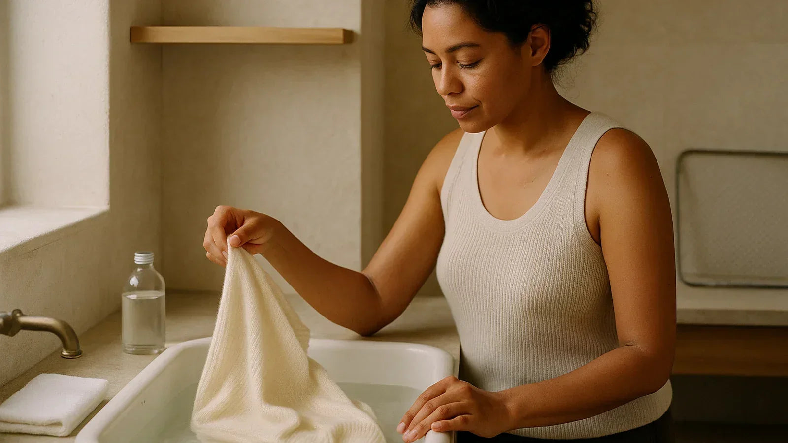 Woman preparing to hand wash a cashmere vest in lukewarm water