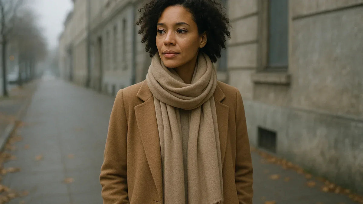 Is a Cashmere Scarf Warm — woman wearing a cashmere scarf on a cold autumn street