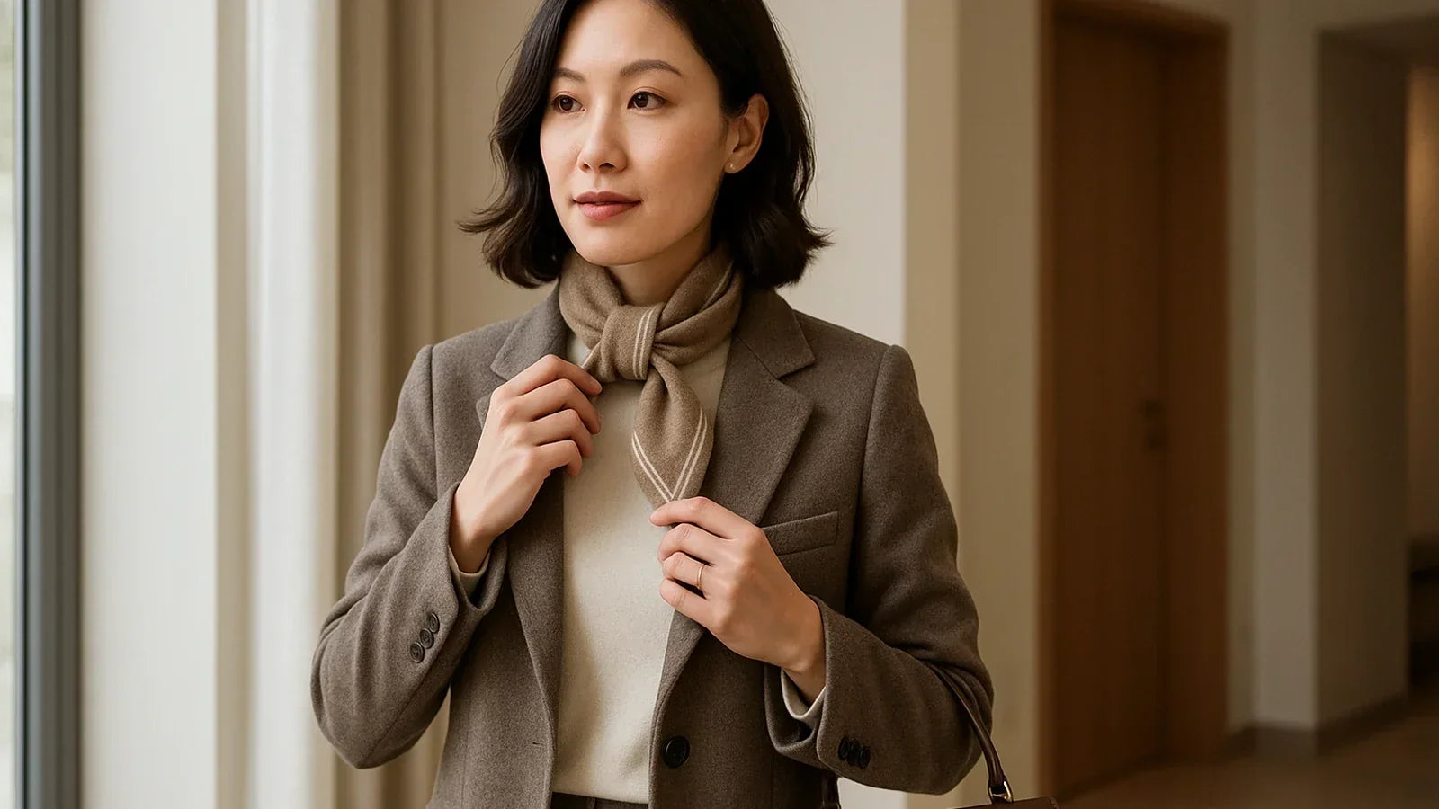 Woman wearing the camel Nayana mini cashmere scarf with a timeless coat