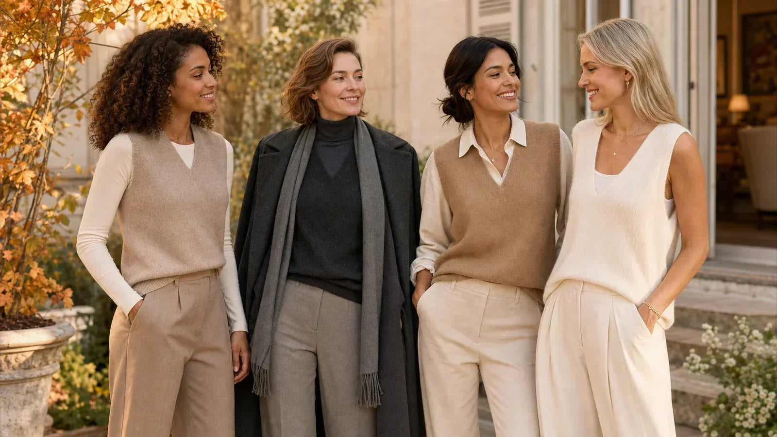 Women styling cashmere vests for autumn, winter, spring and cool summer evenings