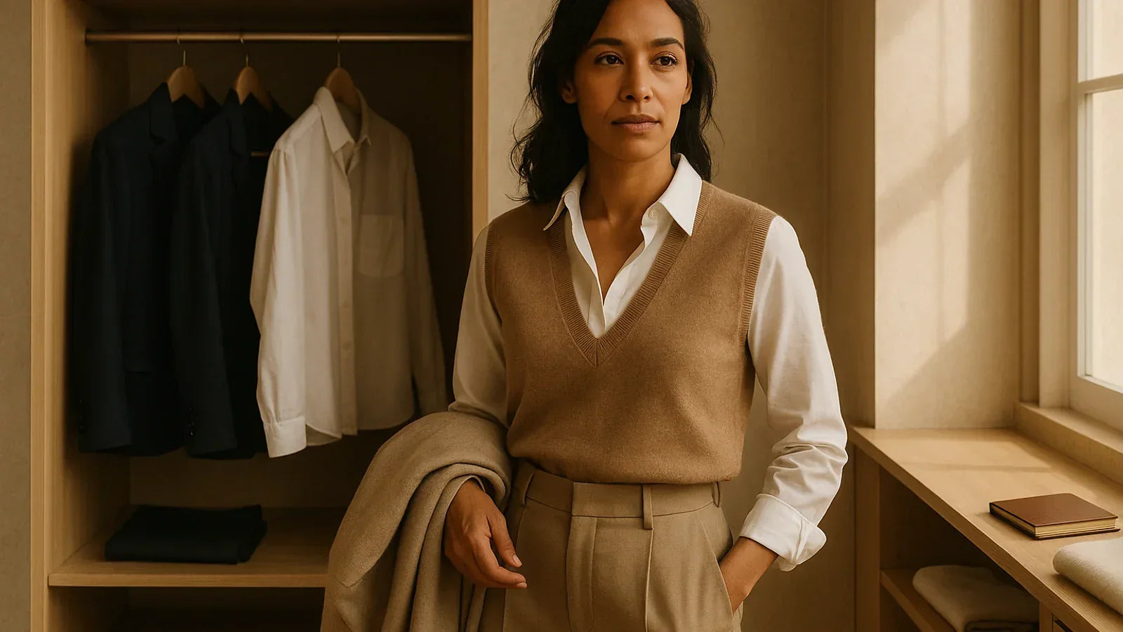 Woman building a timeless wardrobe around a neutral cashmere vest