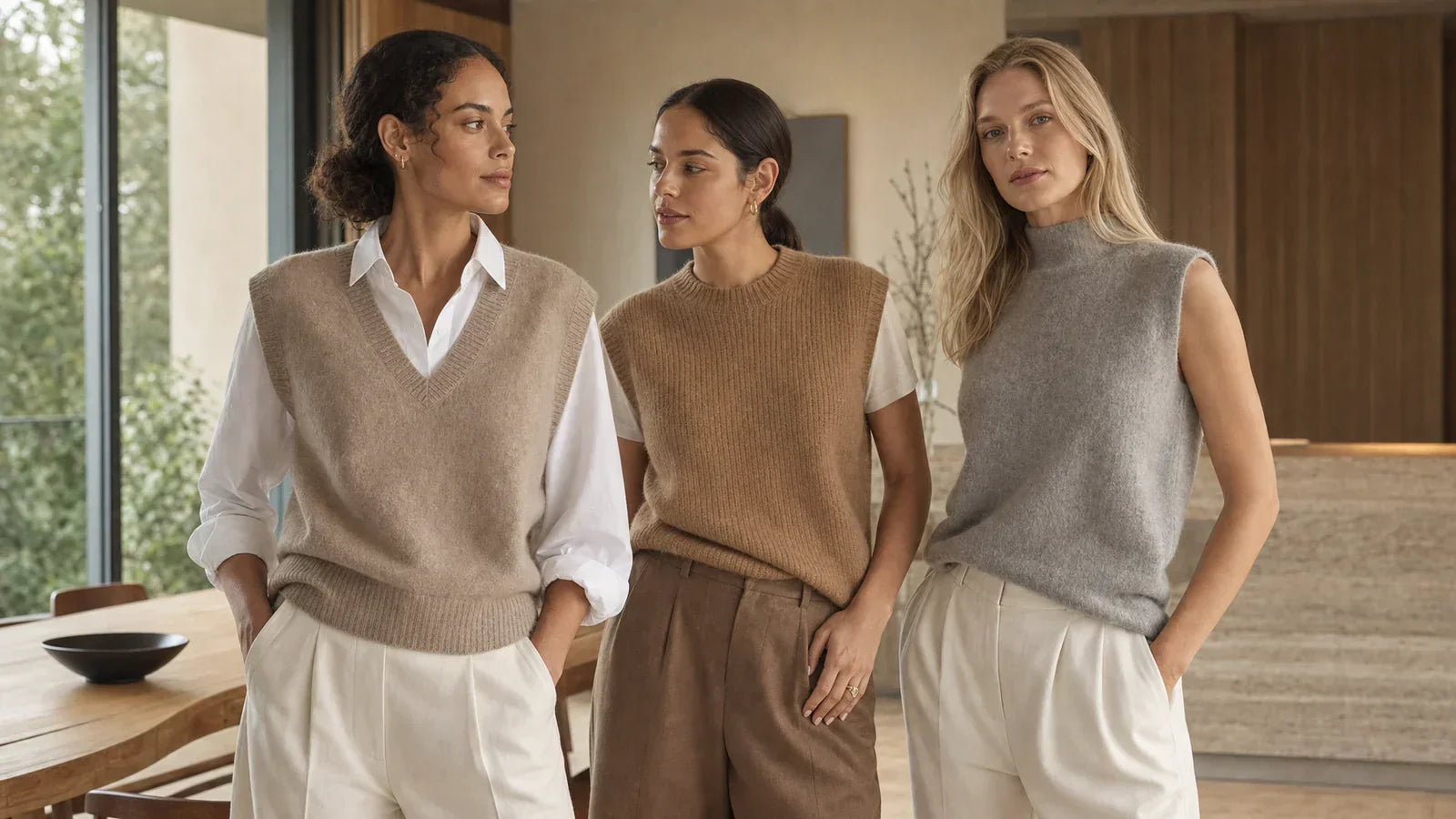 Three women showing different layers underneath neutral cashmere vests