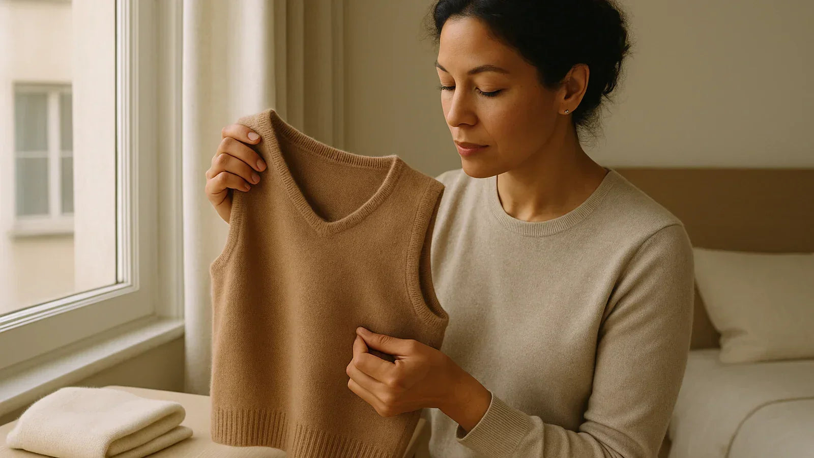 Woman examining light pilling on a cashmere vest beside a cashmere comb