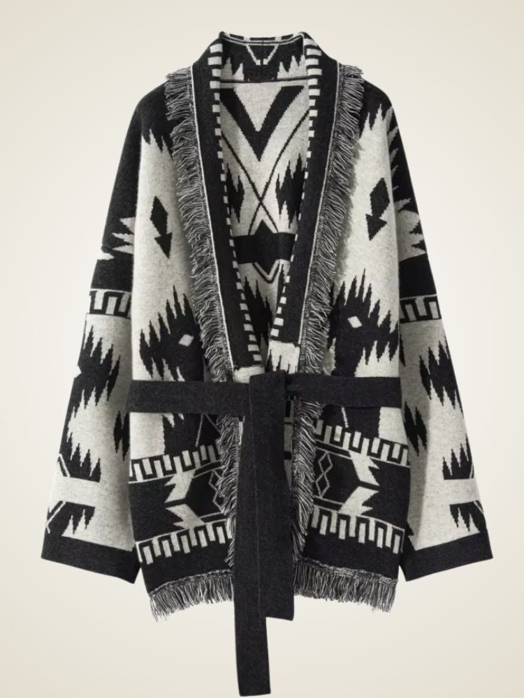 Dani - Black and White Cashmere Belted Cardigan | The Cashmere Studio