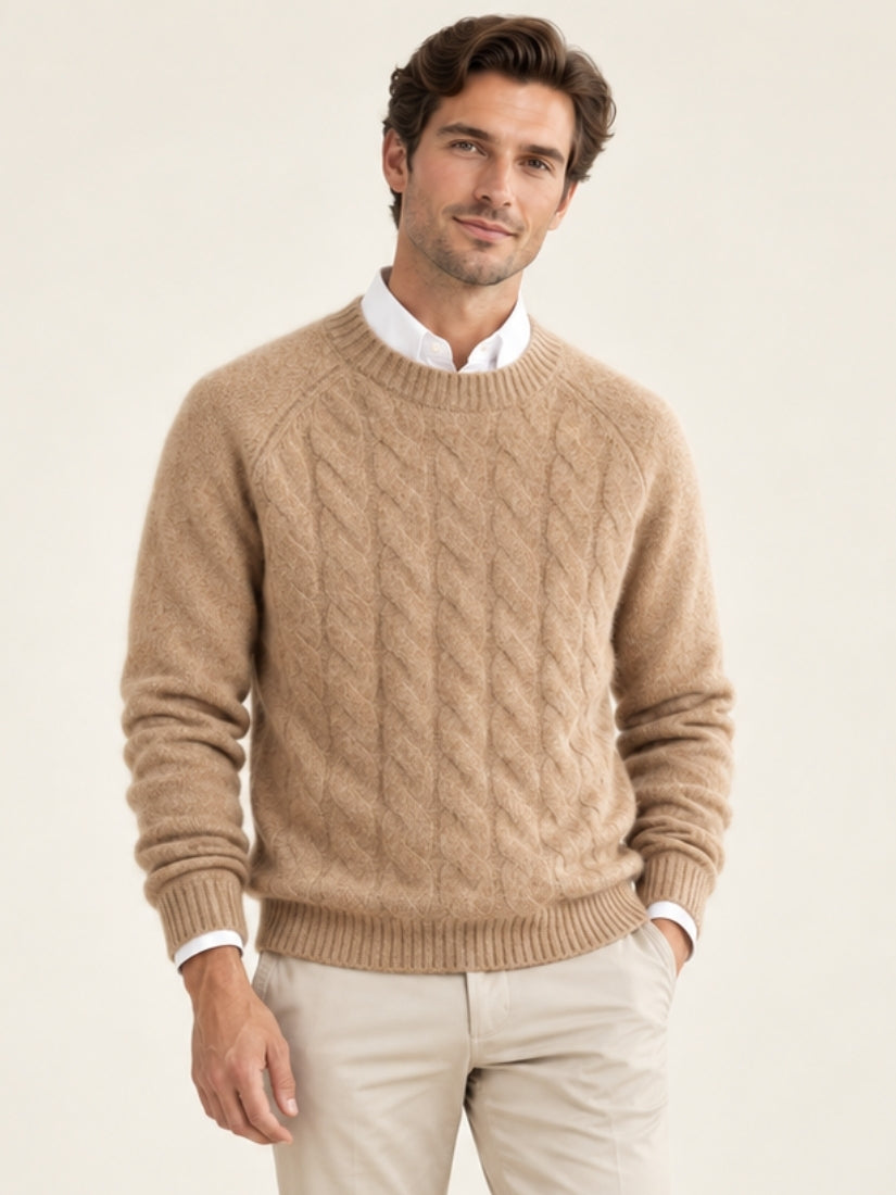 Odrien — Camel Cable-Knit Crewneck Cashmere Sweater | The Cashmere Studio