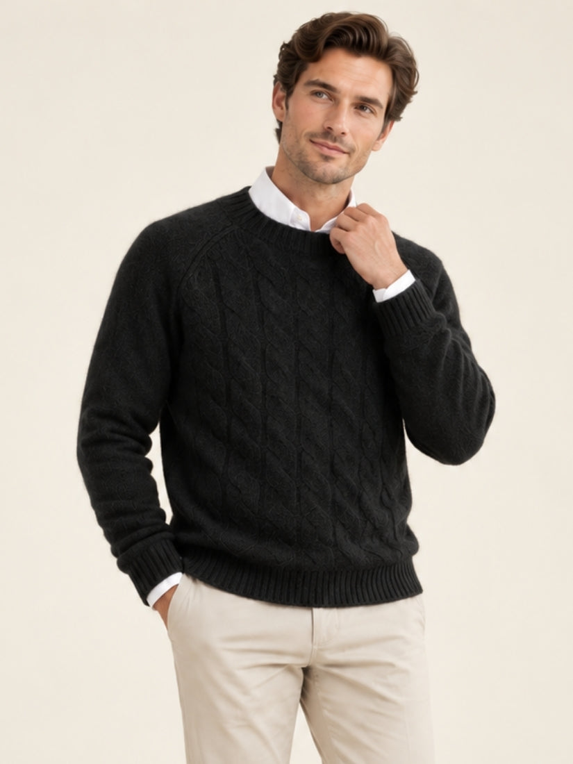 Odrien — Black Cable-Knit Crewneck Cashmere Sweater | The Cashmere Studio