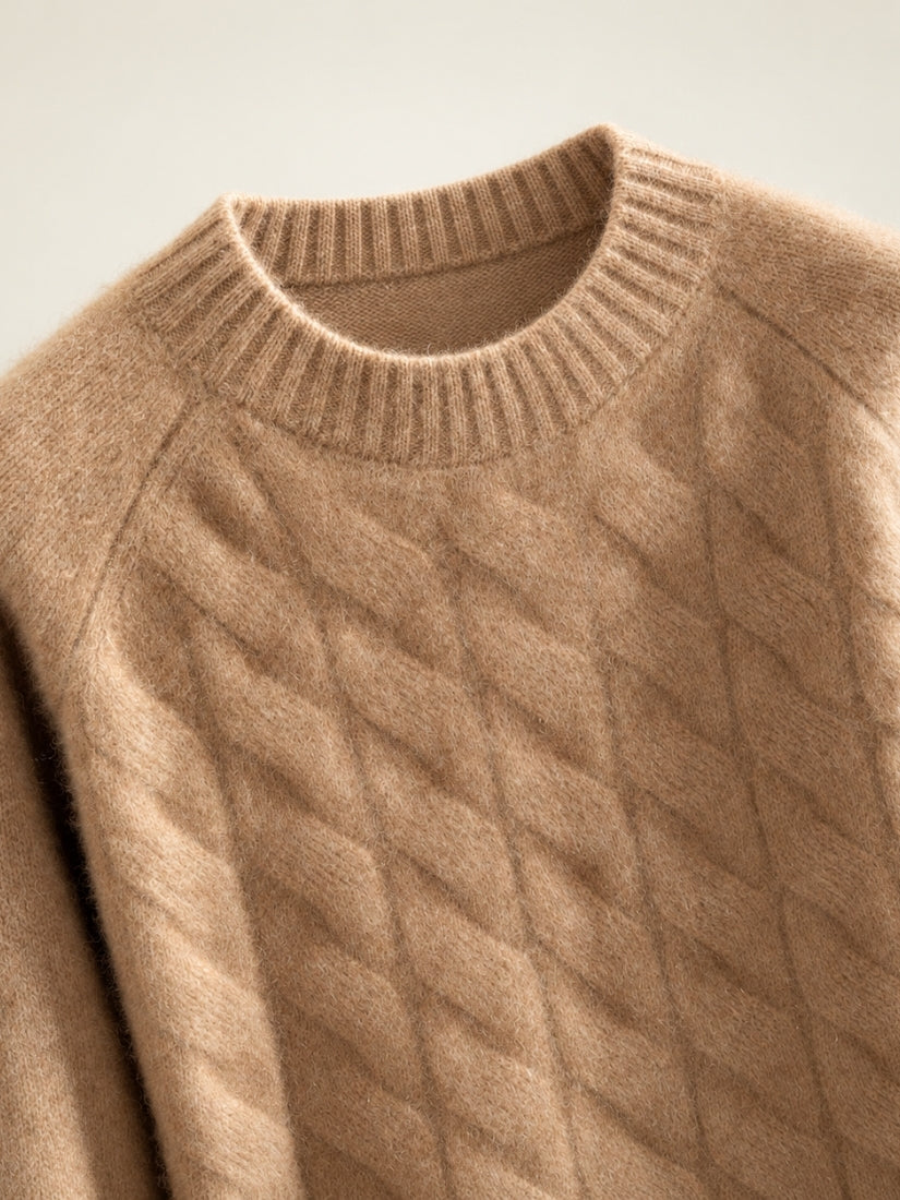 Odrien — Camel Cable-Knit Crewneck Cashmere Sweater | The Cashmere Studio