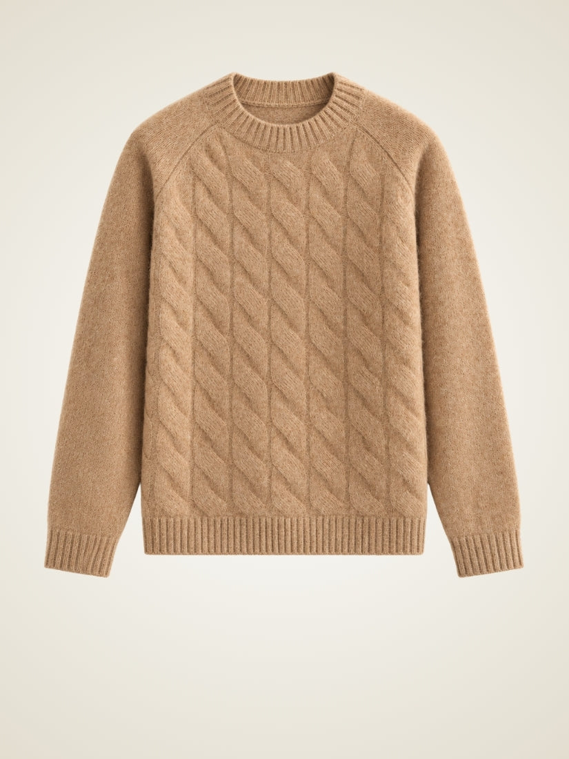 Odrien — Camel Cable-Knit Crewneck Cashmere Sweater | The Cashmere Studio