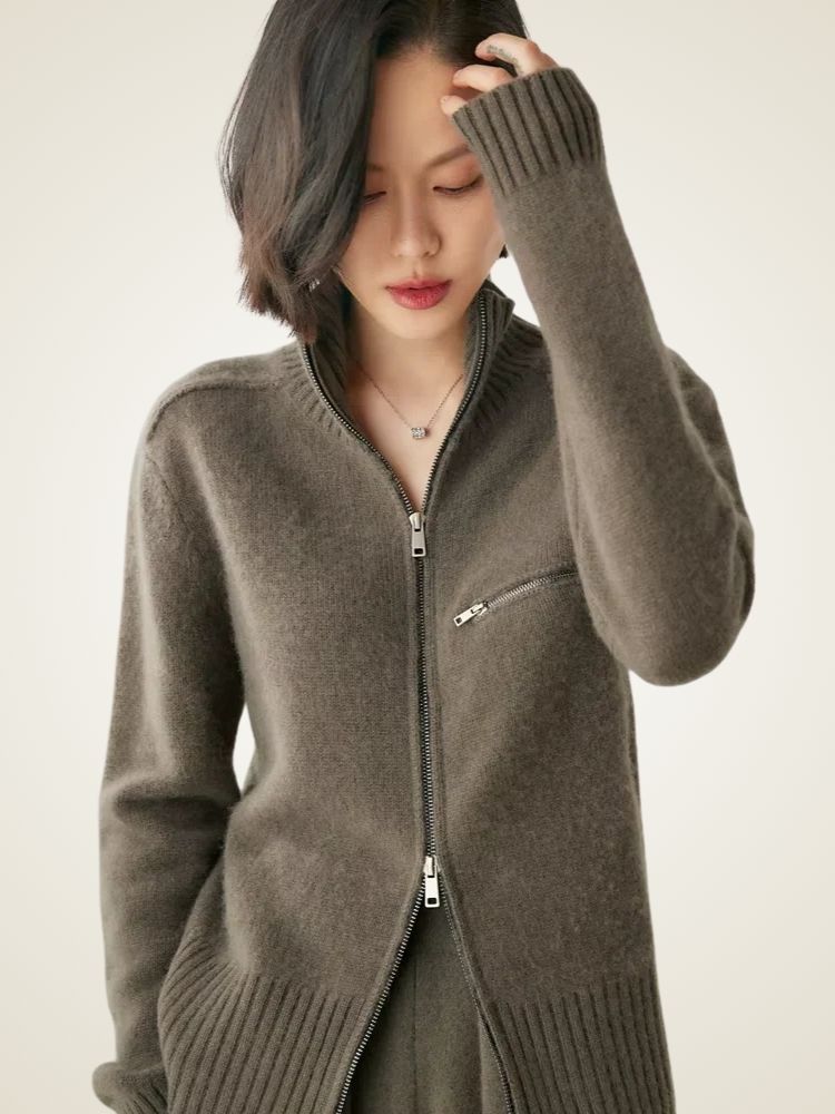 Liv - Dark Gray Zip Cashmere Cardigan | The Cashmere Studio