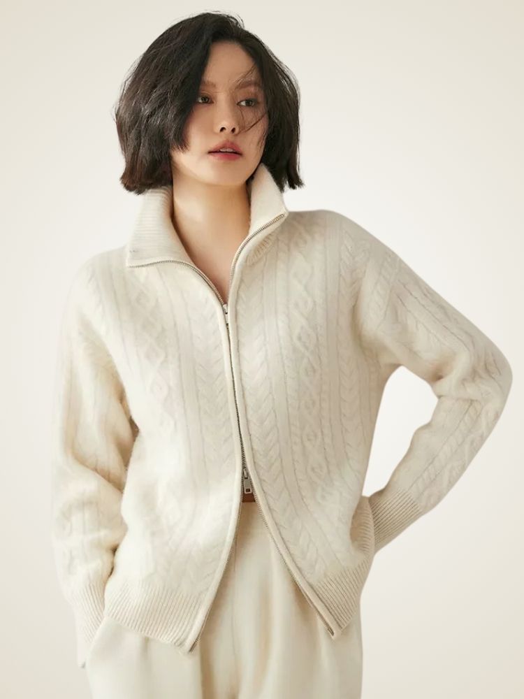 Willow - White Zip Cable Knit Cashmere Cardigan | The Cashmere Studio