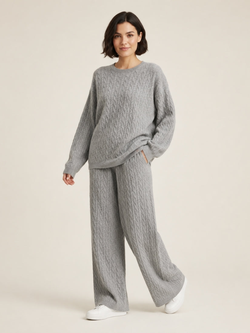 Amirelle — Light Gray Cable-Knit Cashmere Set | The Cashmere Studio