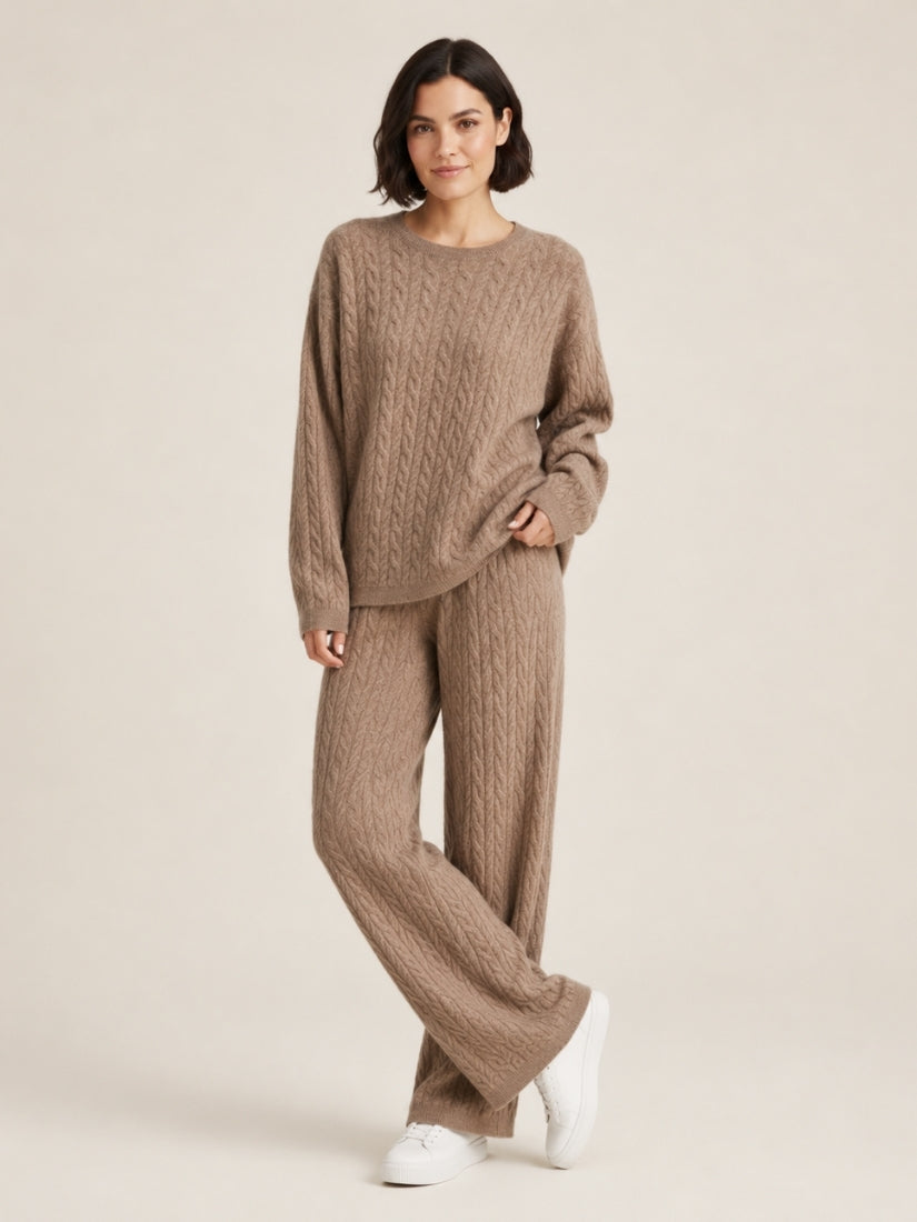 Amirelle — Taupe Cable-Knit Cashmere Set | The Cashmere Studio