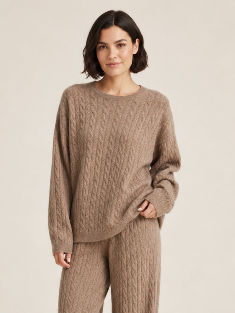 Amirelle — Taupe Cable-Knit Cashmere Sweater | The Cashmere Studio