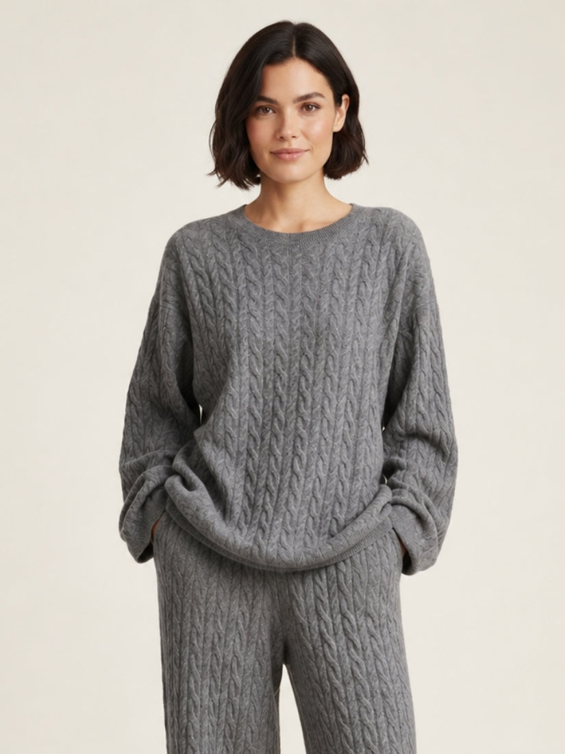 Amirelle — Light Gray Cable-Knit Cashmere Sweater | The Cashmere Studio
