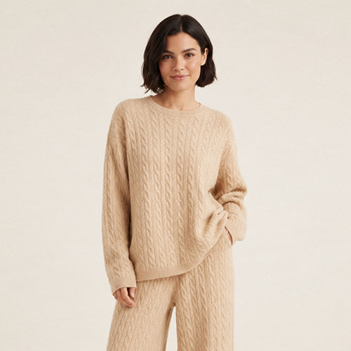 Amirelle — Beige Cable-Knit Cashmere Sweater | The Cashmere Studio