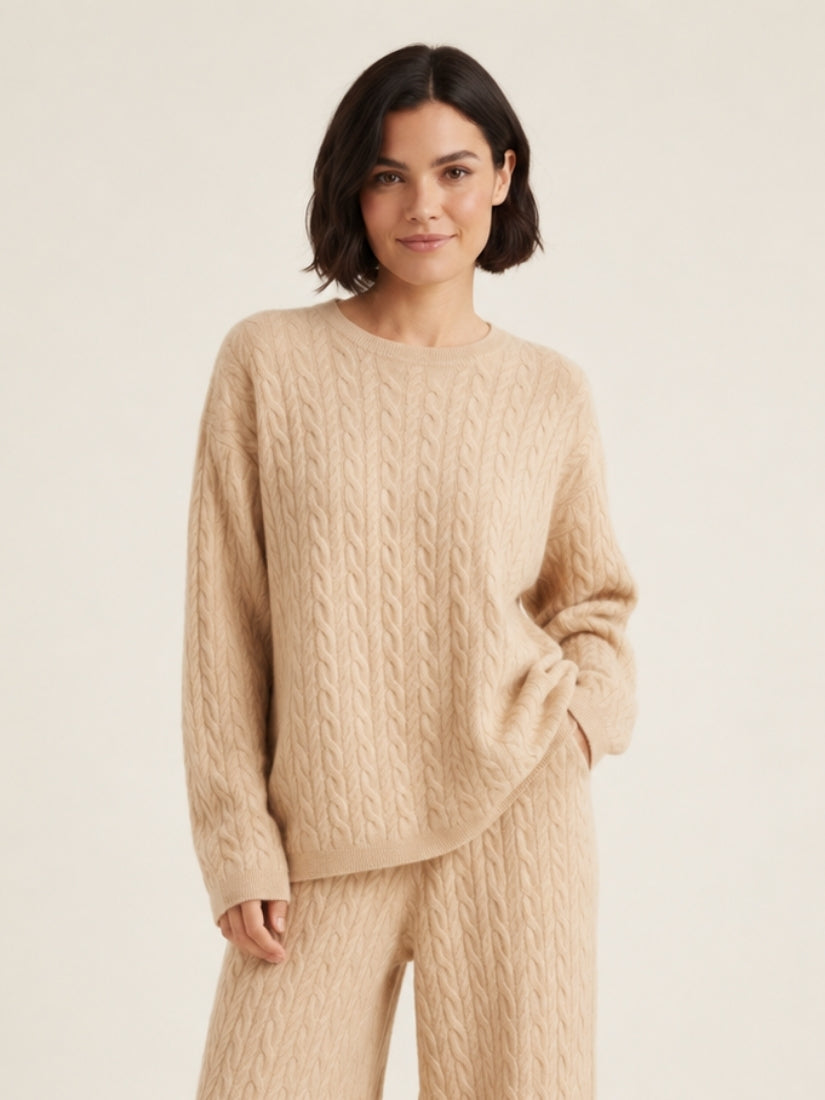 Amirelle — Beige Cable-Knit Cashmere Sweater | The Cashmere Studio