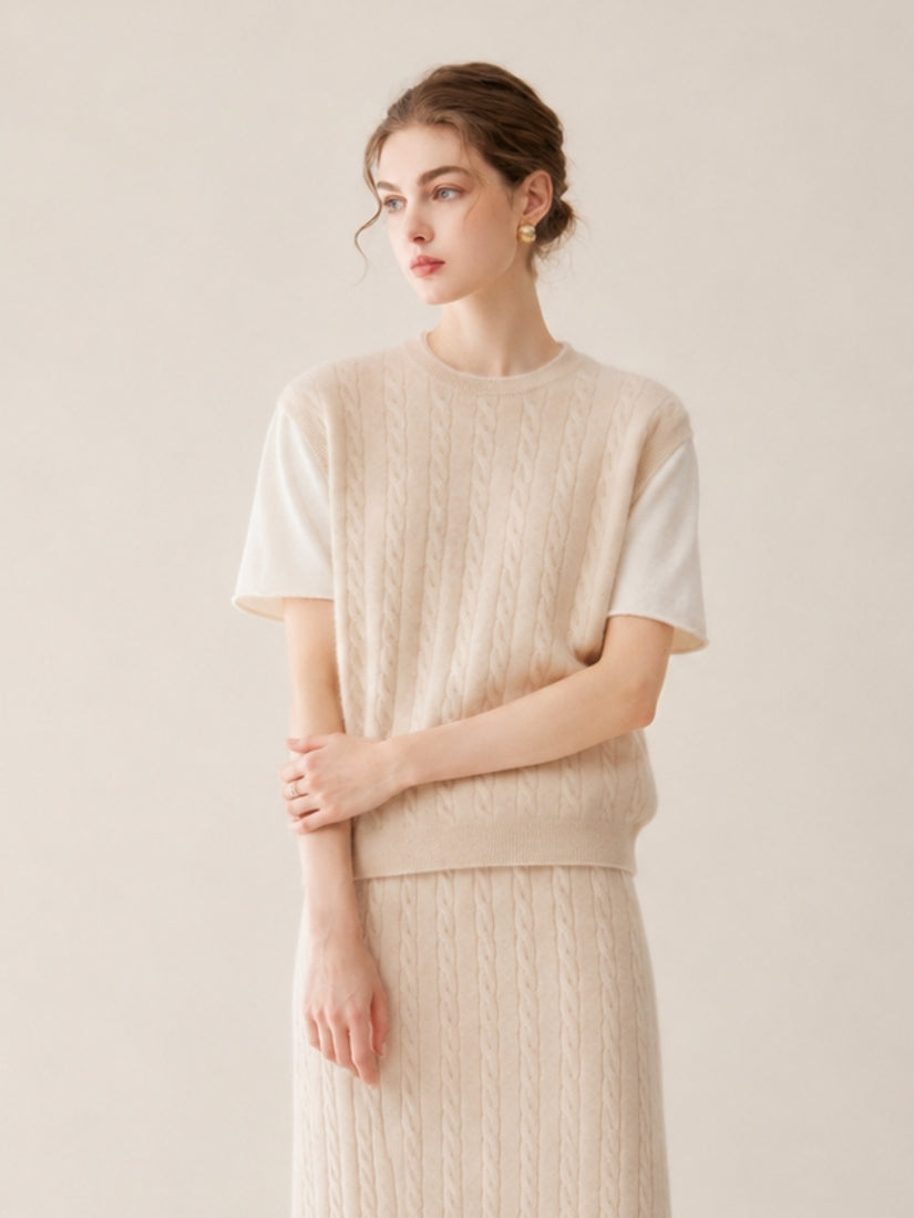 Audenya - Beige Cashmere Cable-Knit Top | The Cashmere Studio