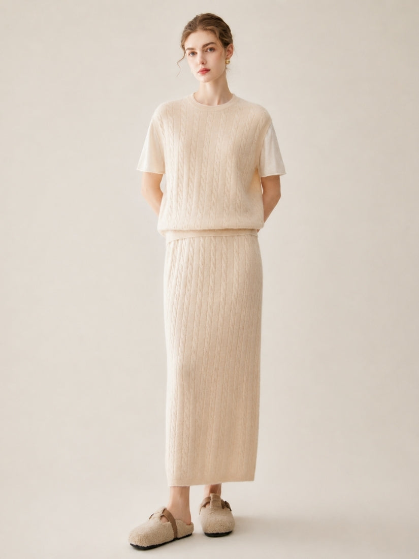 Audenya - Light Camel Cashmere Cable-Knit Set | The Cashmere Studio